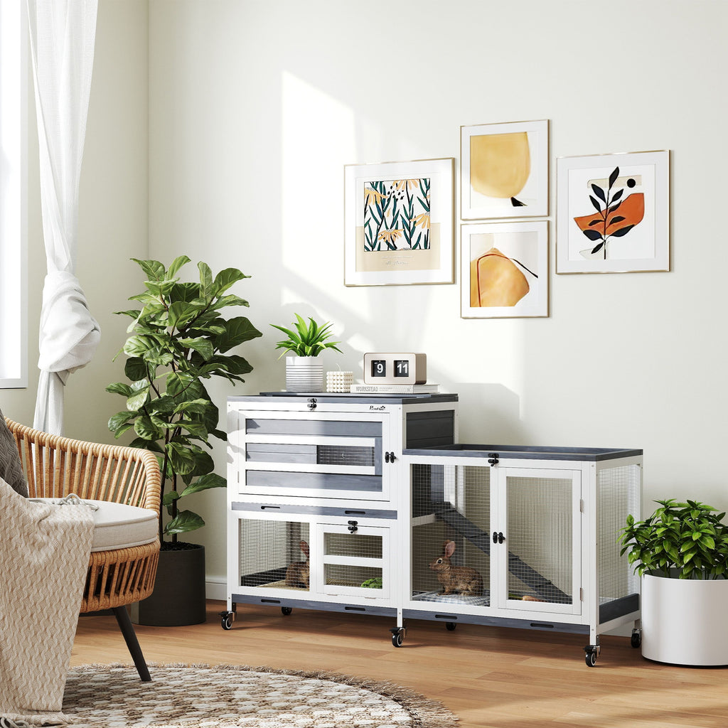 2-Level Rabbit Hutch with Ramp and 3 Trays, Fir Wood and Steel, 147x45x89.5 cm, Grey and White