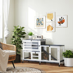 2-Level Rabbit Hutch with Ramp and 3 Trays, Fir Wood and Steel, 147x45x89.5 cm, Grey and White