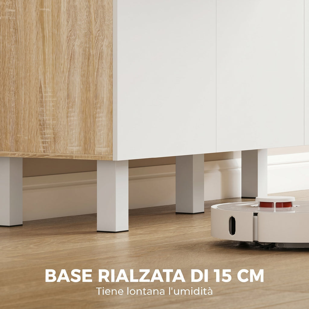 HOMCOM Kitchen Sideboard with Open Shelves, 4 Cabinets and Drawer, in Wood and Metal, 120x40x175 cm, White and Wood
