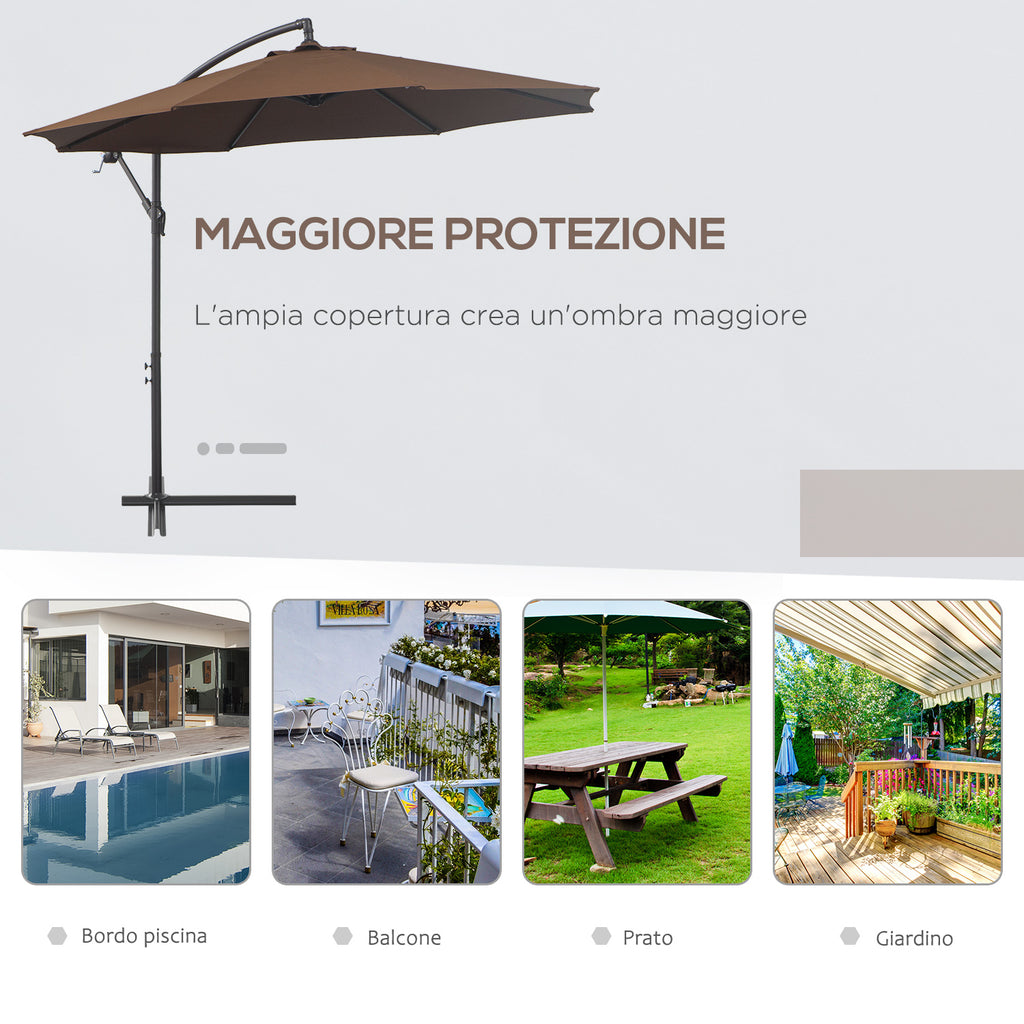 Outdoor Umbrella Ø3x2.5 m with Cross Base and Crank, in Steel and Polyester, Coffee Color