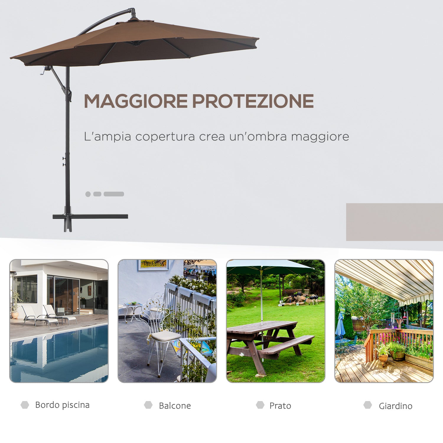 Outdoor Umbrella Ø3x2.5 m with Cross Base and Crank, in Steel and Polyester, Coffee Color