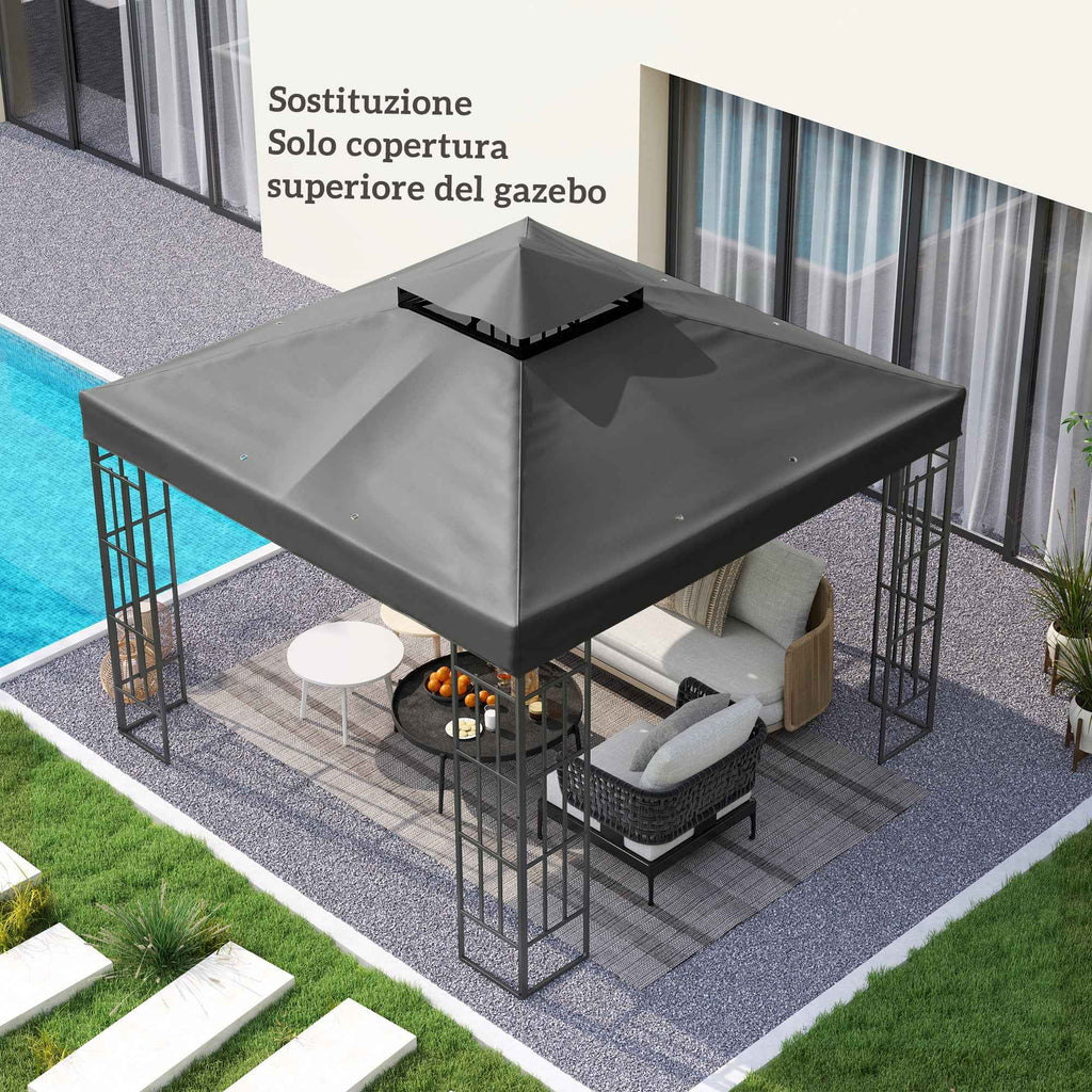 Outsunny 3x3m UPF30+ 2-Tier Dark Grey Polyester Garden Gazebo Cover