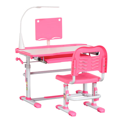 Children's Desk Set for 6-12 Years with Height-Adjustable Chair, Drawer, Light and Tiltable Top, Pink