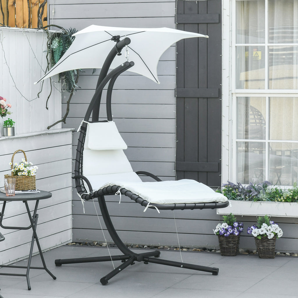 Hanging Garden Lounger, Padded Outdoor Hanging Lounger with Canopy, Cream 190x115x190cm