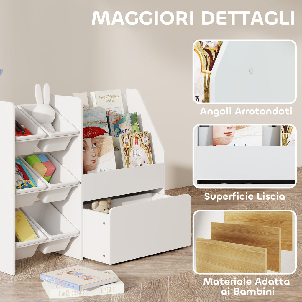 Toy Storage Shelf with 6 Baskets, 3 Shelves and Bottom Box, Made of Wood, Plastic and Steel, 100x30x80 cm, White