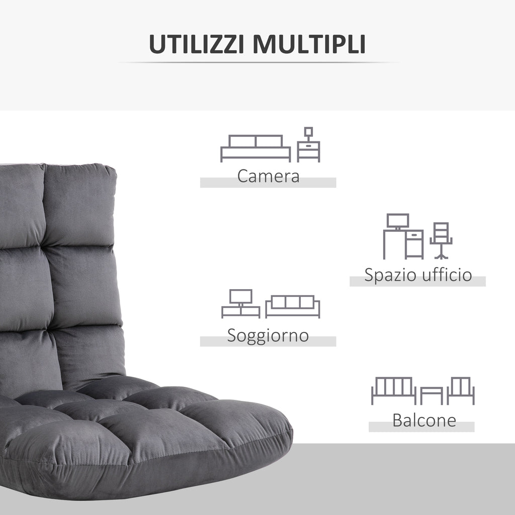 Velvet Floor Chair with 180° Reclining Backrest and Thick Padding, 55x71x53.5cm, Dark Grey