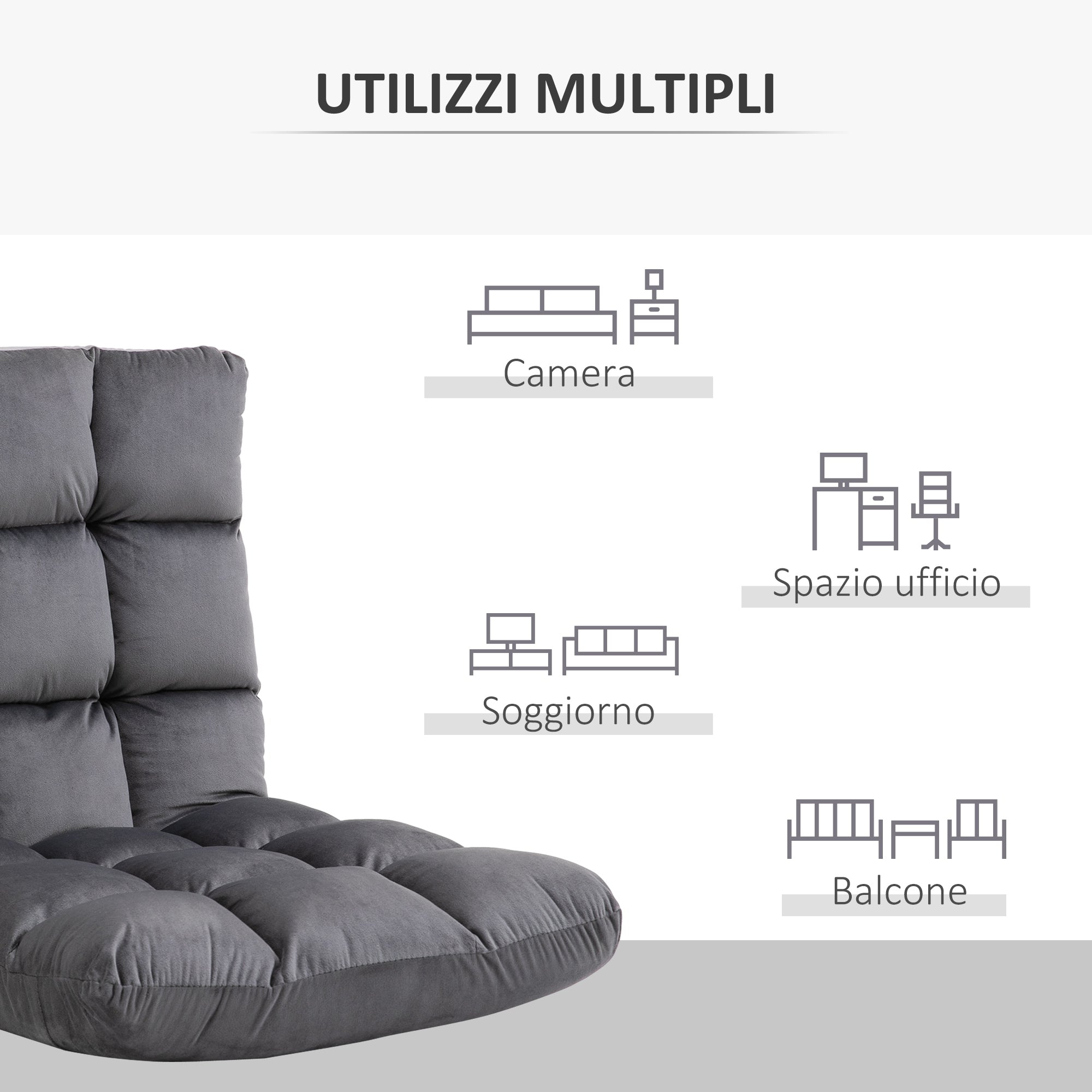 Velvet Floor Chair with 180° Reclining Backrest and Thick Padding, 55x71x53.5cm, Dark Grey