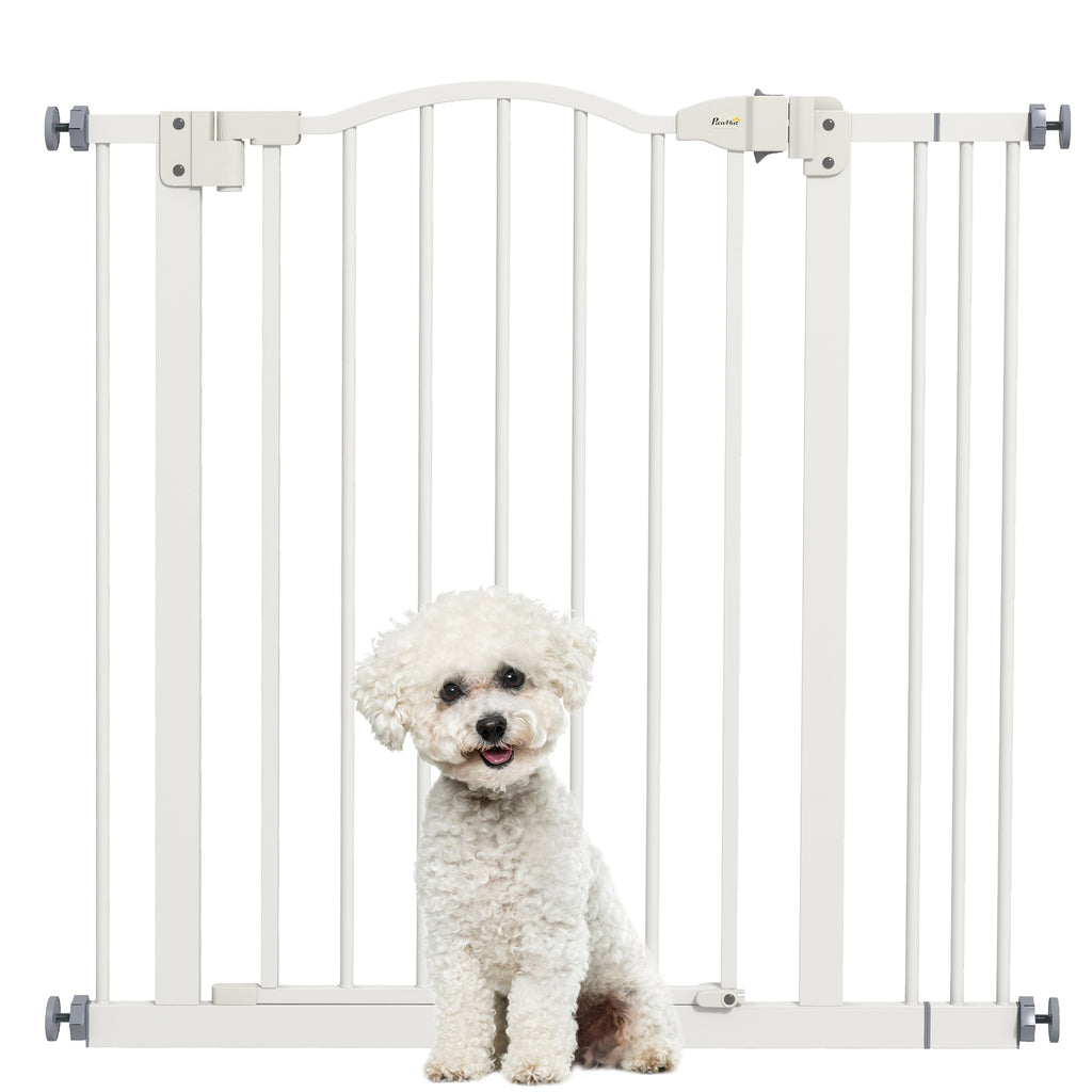 Extendable Dog Gate with 2 Locks and Self-Locking, Metal and Plastic, 74-87x78 cm, White