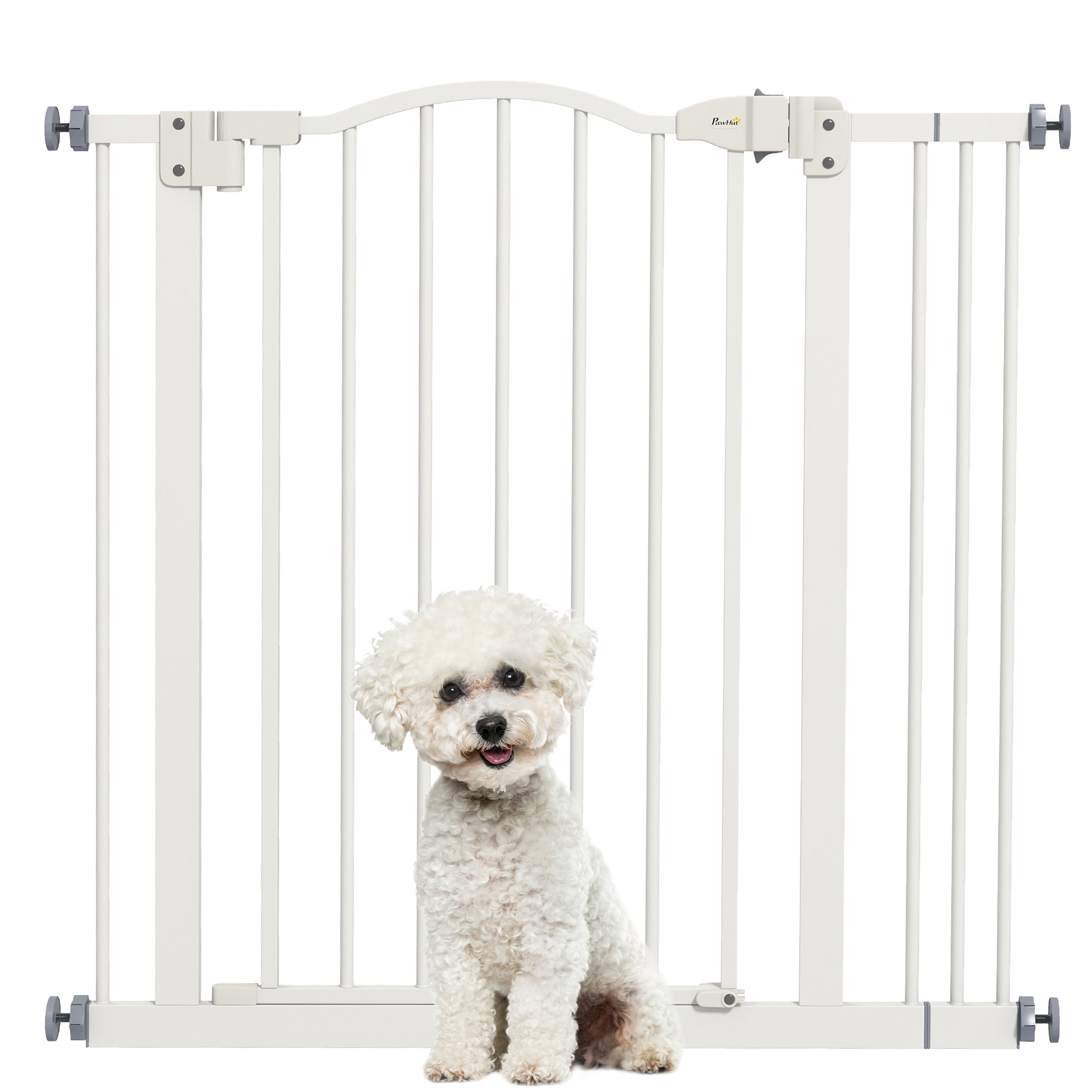 Extendable Dog Gate with 2 Locks and Self-Locking, Metal and Plastic, 74-87x78 cm, White