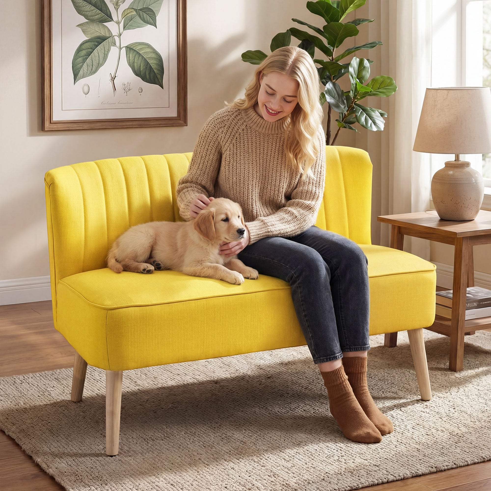 2-Seater Sofa in Linen-Effect Fabric without Armrests with Wooden Legs, 117x56.5x77 cm, Yellow