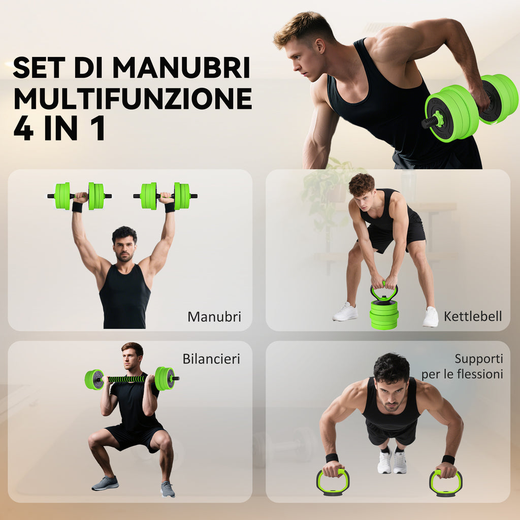 SPORTNOW 4-in-1 20kg Gym Weight Set, Convertible to Kettlebell, 2 Dumbbells, Barbell and Push-Up Stand, Green