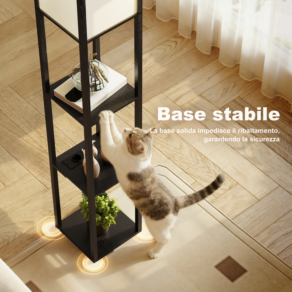 HOMCOM Floor Lamp with Shelves, Dimmable Light, Foot Switch and USB Ports, Black