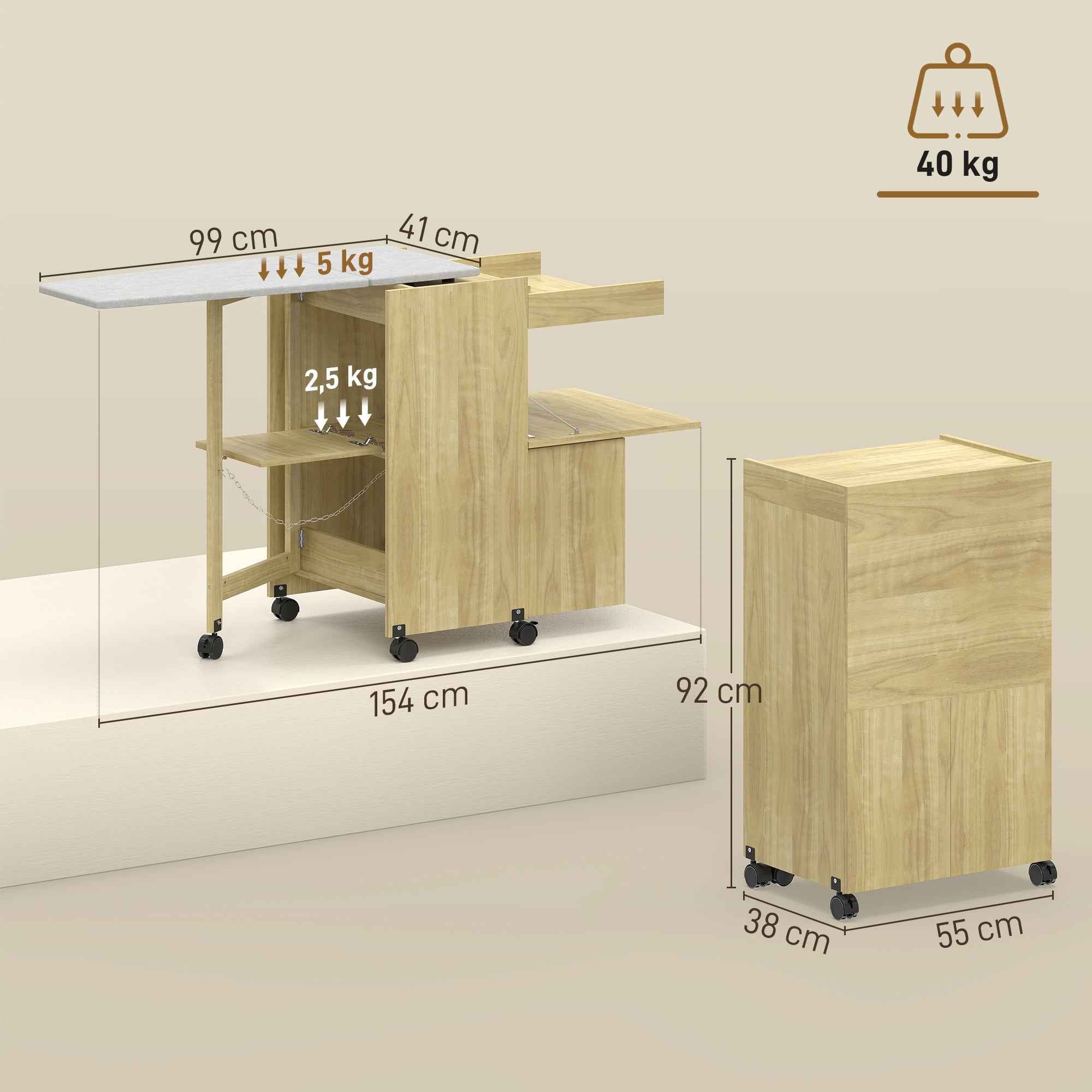 HOMCOM Folding Ironing Board with Iron and Garment Holder with Open Compartment, 154x55x87 cm, Natural Wood