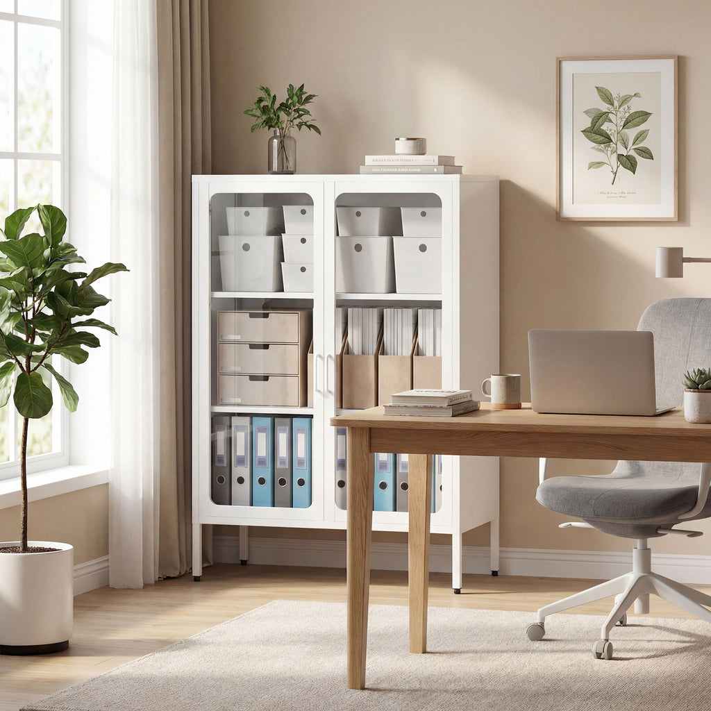 Steel Document Cabinet with 2 Glass Doors and Adjustable Shelves, 80x40x110 cm, White