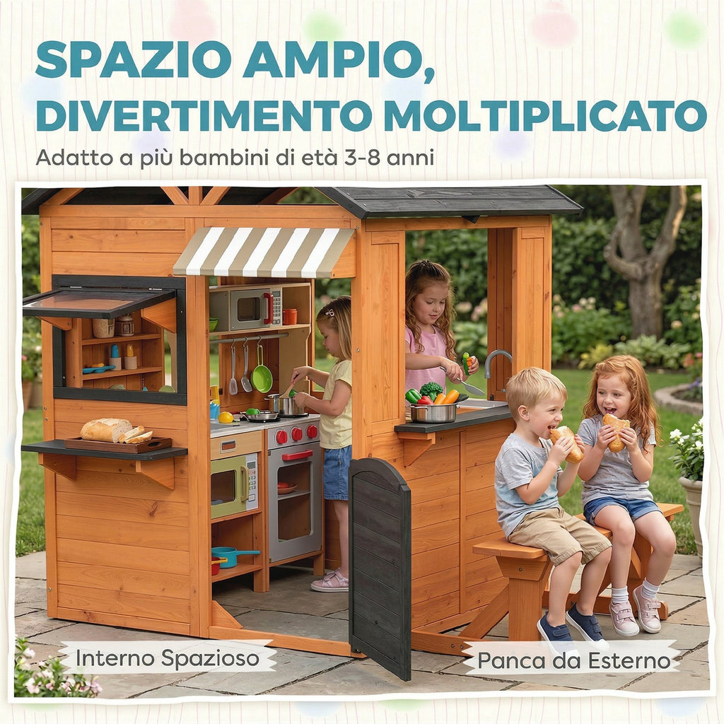 AIYAPLAY Children's Garden Playhouse Made of Fir Wood with Snack Bar, Windows, Half Door, Bench and Brown Roof