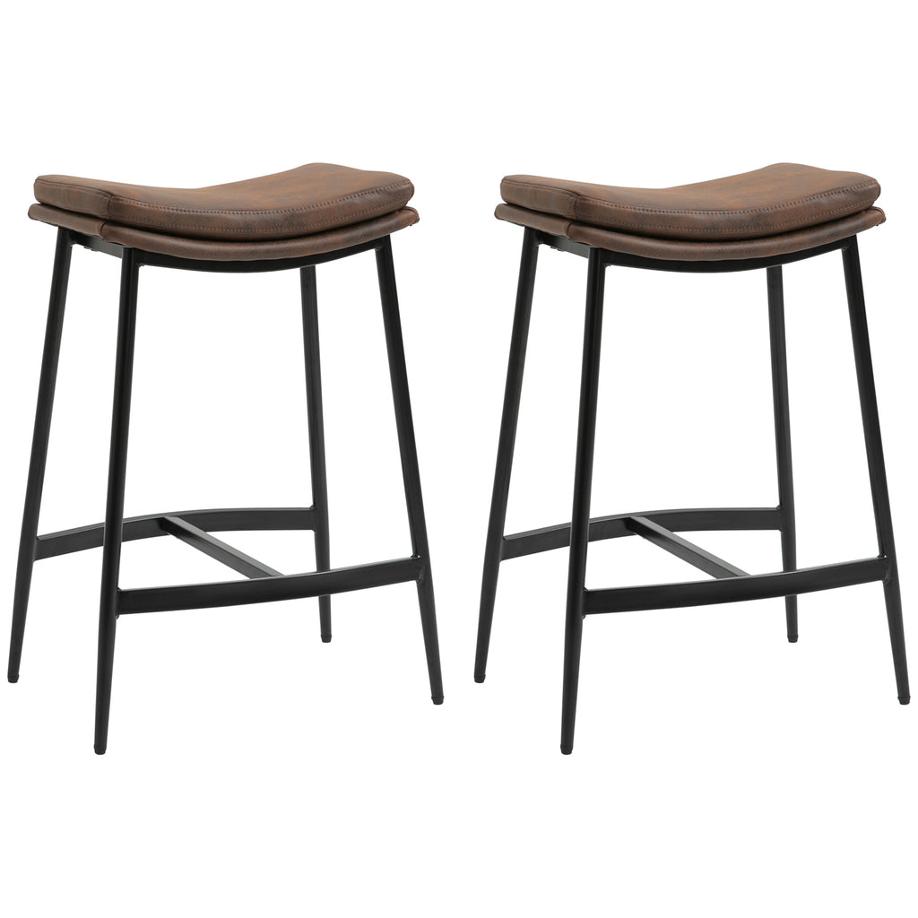 Set of 2 Industrial Style Bar Stools with Footrest, Faux Leather, 48.5 x 38.5 x 68.5 cm, Black and Brown