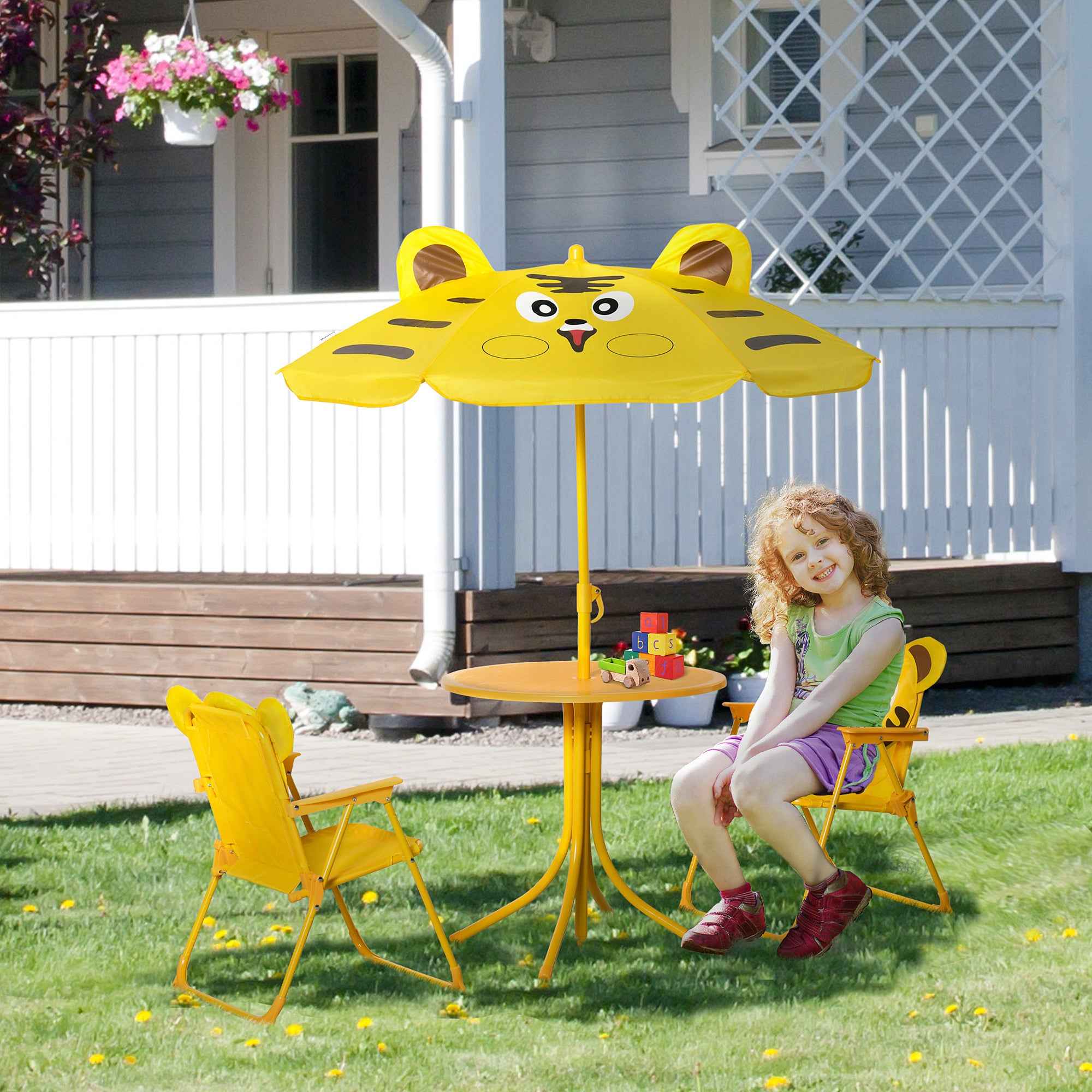 Outsunny 4-Piece Kids Outdoor Set with 2 Chairs, Umbrella, and Round Table, Steel and Yellow Oxford Fabric