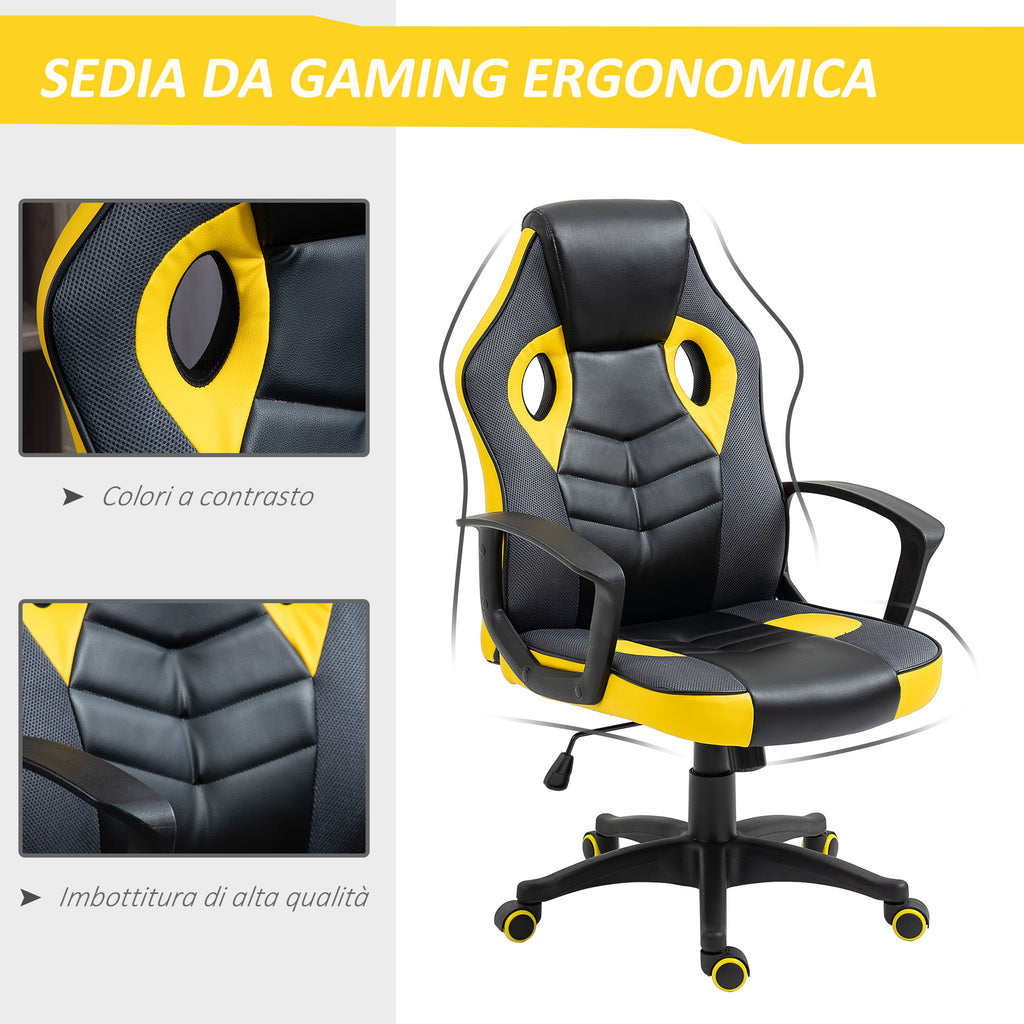 Ergonomic Gaming Chair, Swivel Office Chair with Wheels in Black and Yellow Faux Leather, Adjustable Height