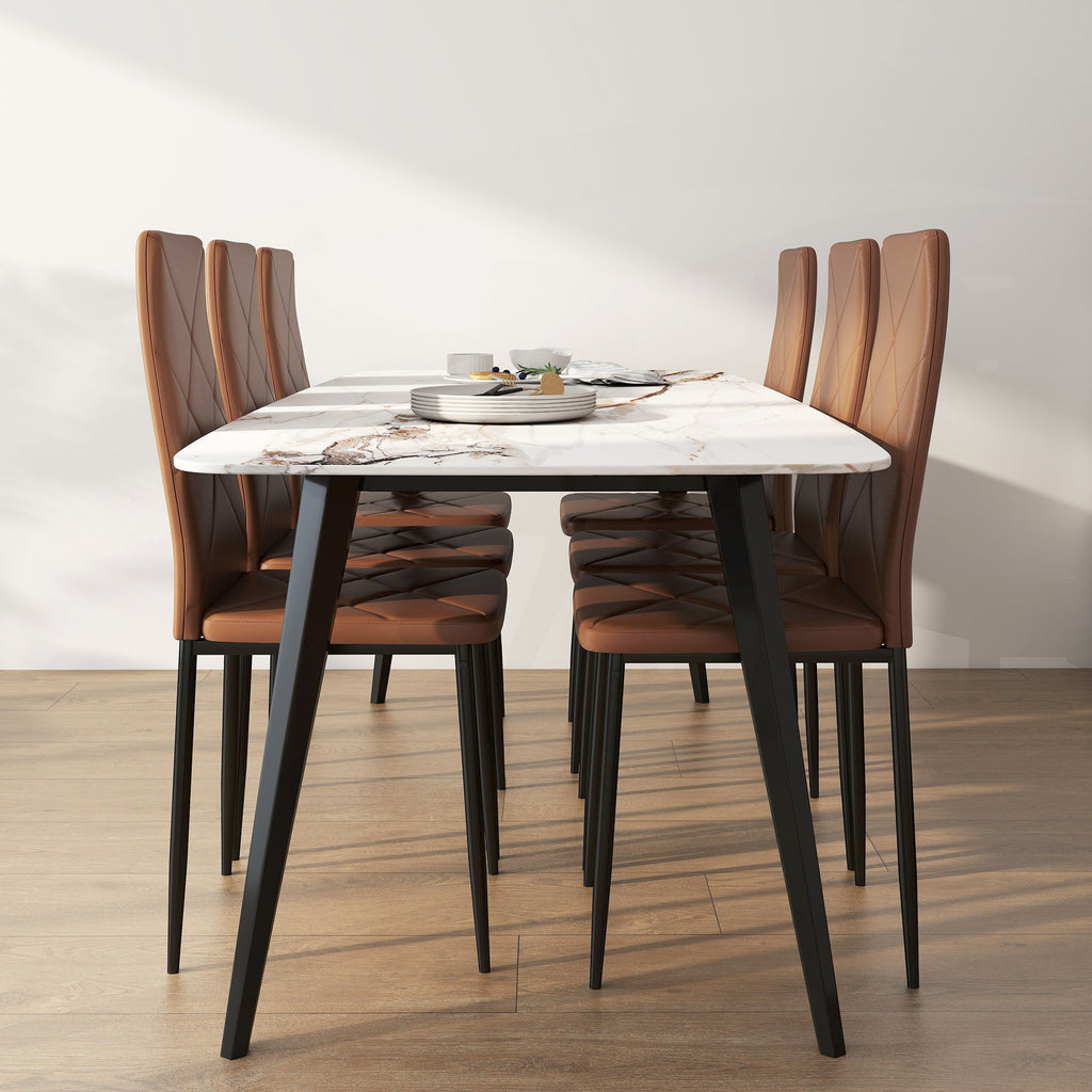 Set of 6 Modern High-Back Dining Chairs in Faux Leather and Steel, 41x50x97 cm, Brown