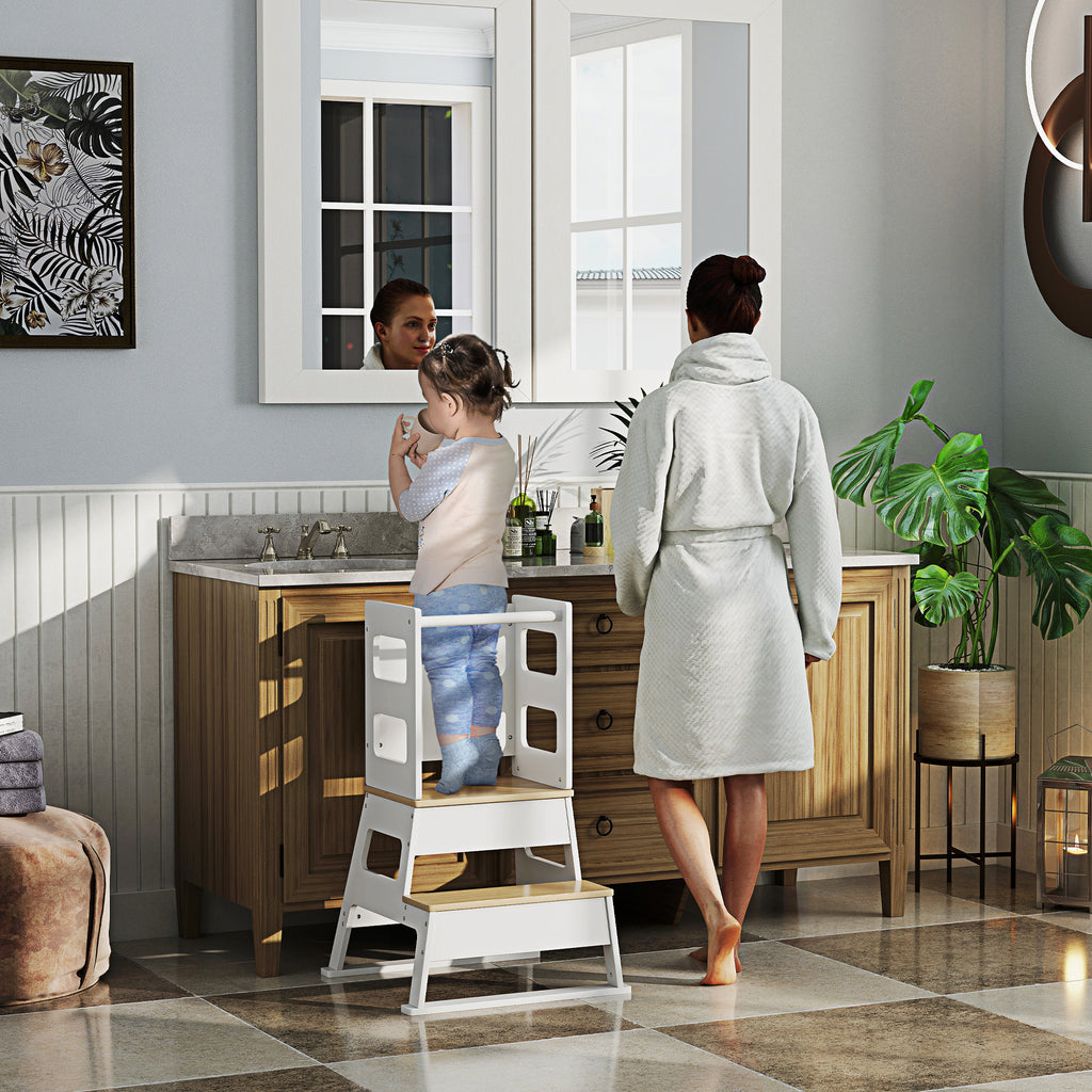 Montessori Tower for Children with Blackboard and Railing, Wooden, 55x52.5x87.5 cm, White and Wood color