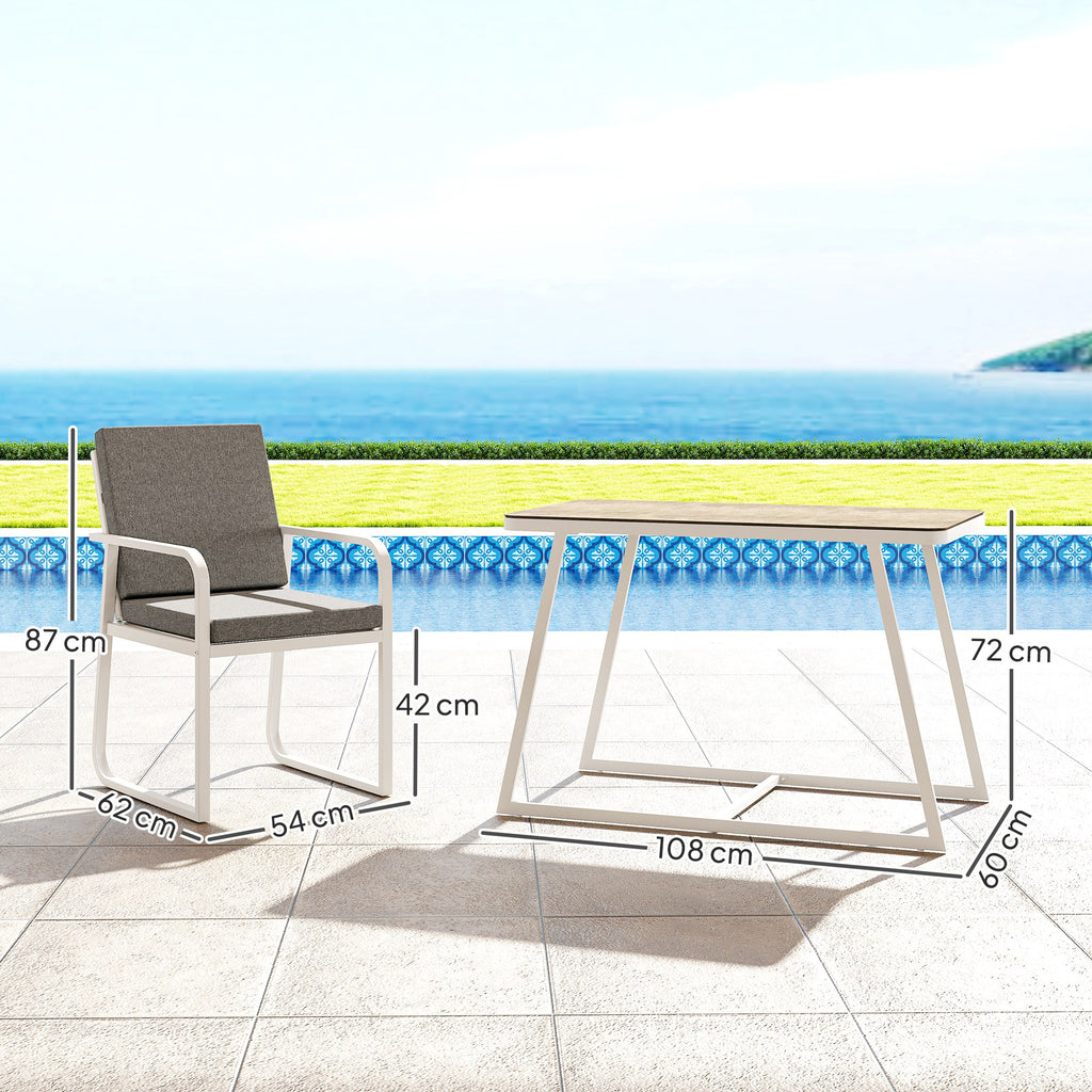 3 Piece Outdoor Set with 2 Chairs with Armrests and Cushions and Glass Top Table, White