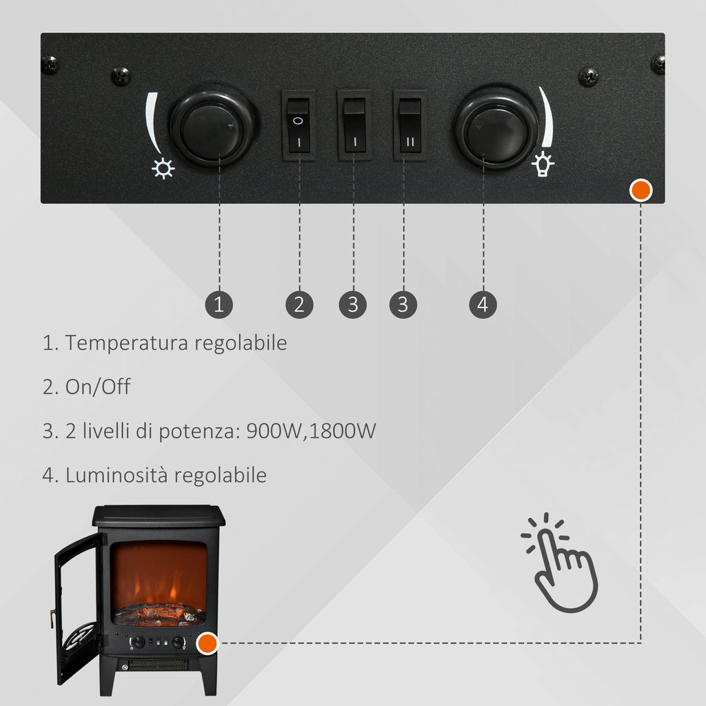 Electric Fireplace with Flame Effect, Adjustable Temperature 900W-1800W, Coverage 15-20m², 39x26x54.8cm, Black