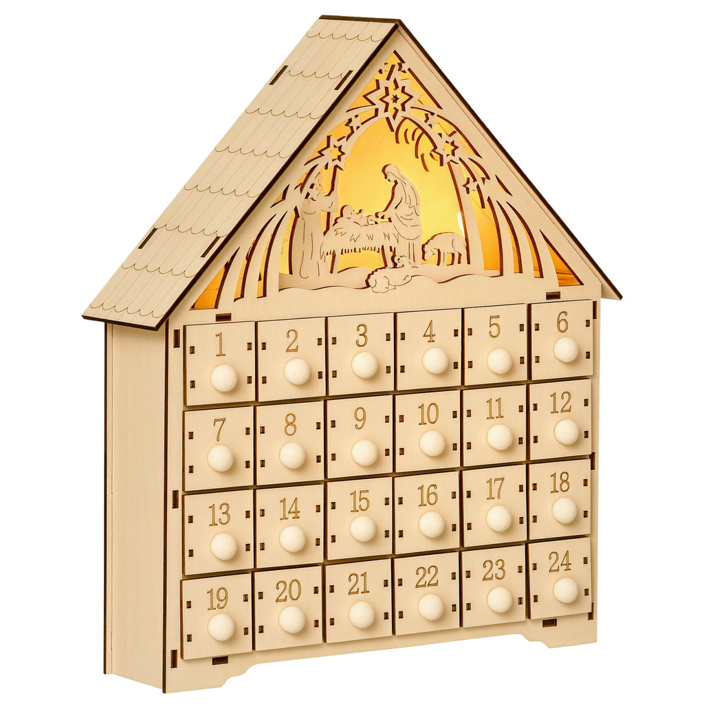 Wooden Advent Calendar with 24 Drawers, Christmas Decoration with Carved Nativity Scene and Lights, 26.6x6x30cm