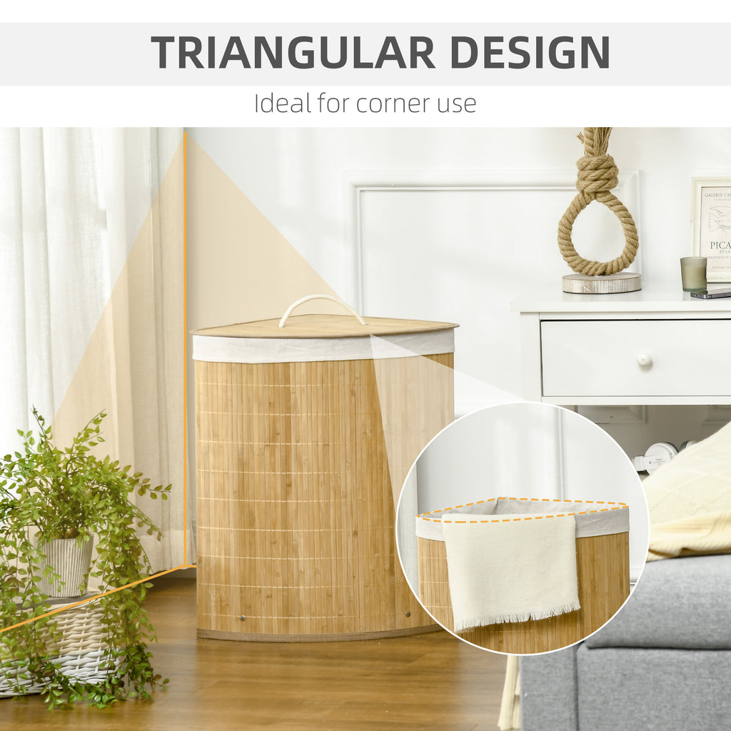 Laundry Basket with Triangular Lid in Bamboo and Fabric, 38x38x57cm, Wood Color - Borgè