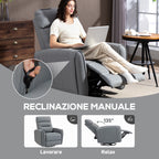 Manually Reclining Relaxing Chair with Leather-Effect Fabric Footrest and Swivel Base, Grey
