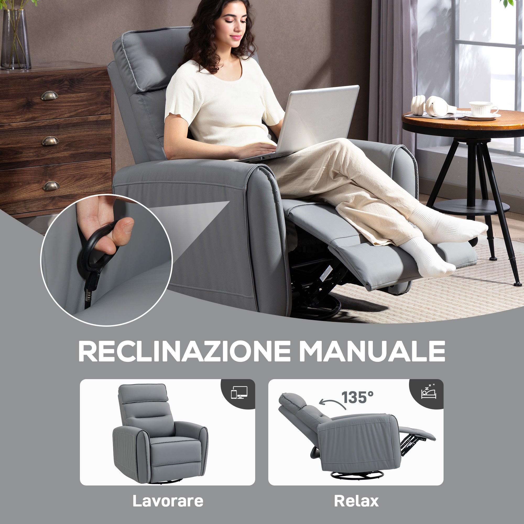 Manually Reclining Relaxing Chair with Leather-Effect Fabric Footrest and Swivel Base, Grey
