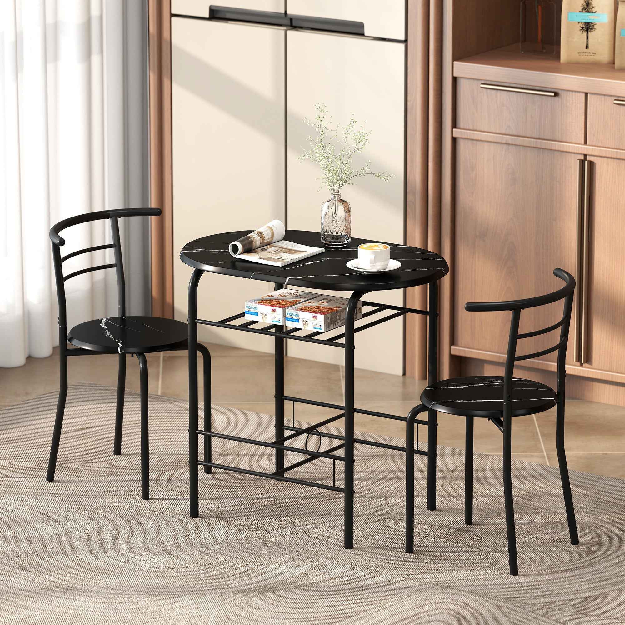 HOMCOM Modern Dining Table and 2 Chairs Set, 3-Piece Space-Saving Furniture for Kitchen, Balcony, Restaurant or Bar, Brown and Black