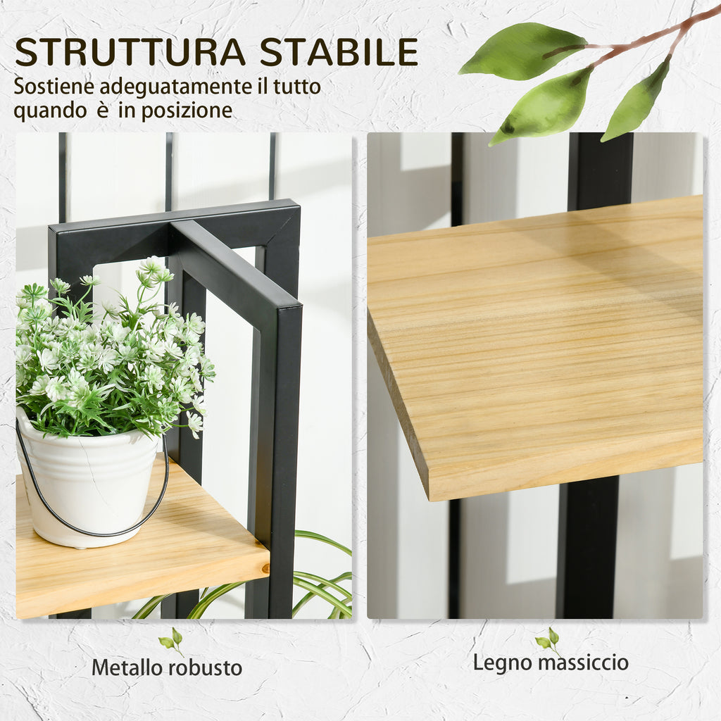 Industrial Style 4-Tier Plant Rack in Fir Wood and Metal, 45x25x110 cm, Black and Wood Color