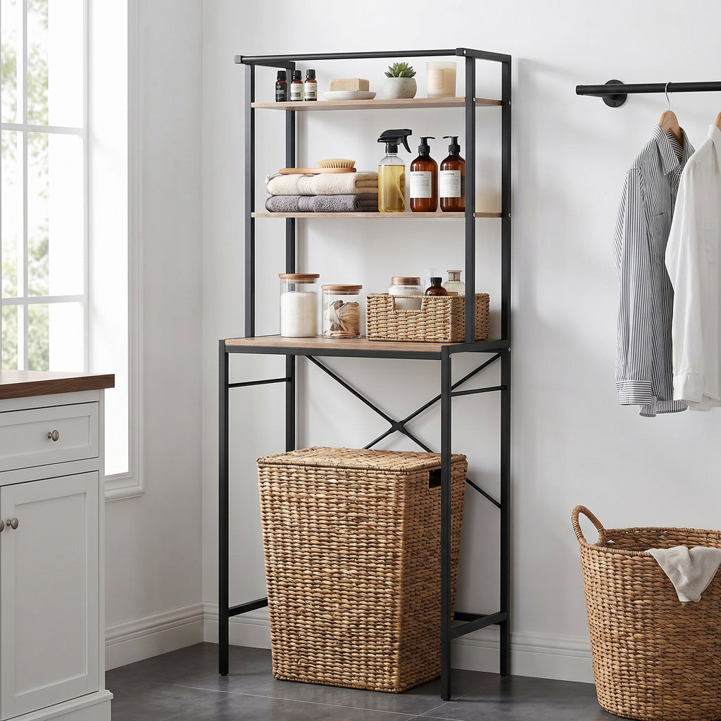 HOMCOM 3-Tier Washing Machine Cabinet with Hanging Rail, Wood and Steel, 67x40x161.8 cm, Brown and Black