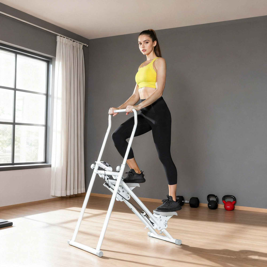SPORTNOW Folding Vertical Climber Stepper with Adjustable Handle, Non-Slip Pedals and LCD Monitor, White
