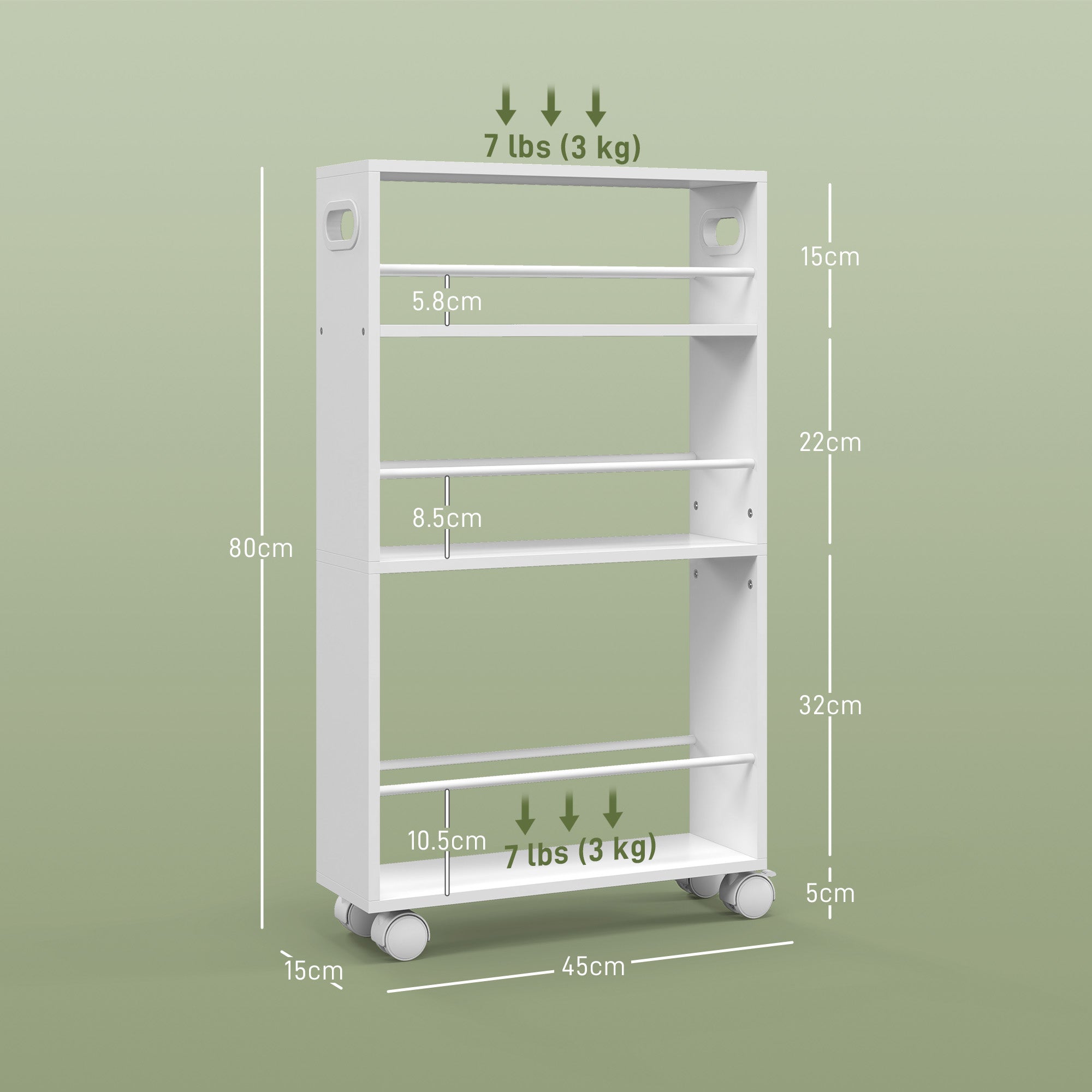 Space-Saving 3-Tier Kitchen and Bathroom Cart with Side Bars and Wheels with Brakes, White