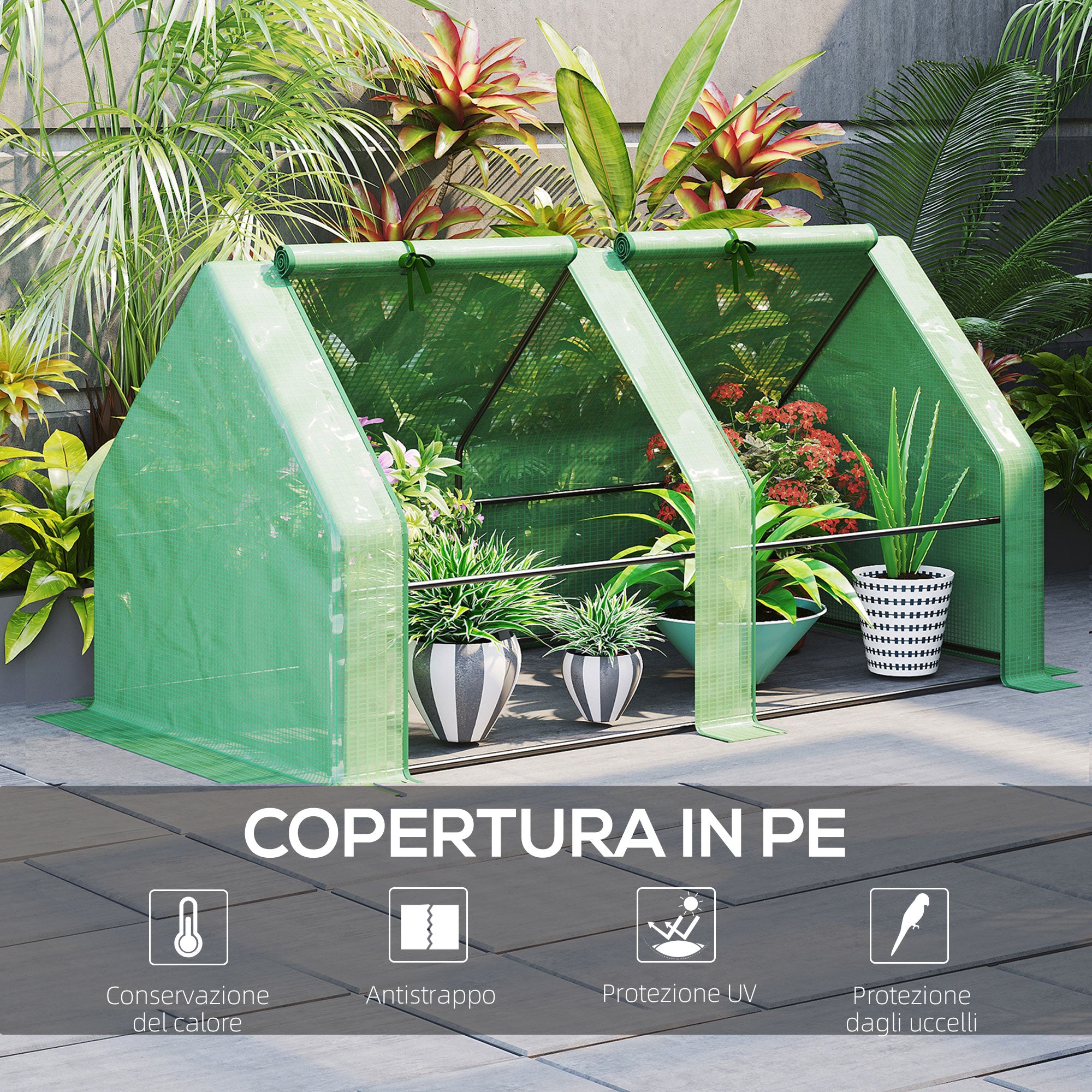 Garden Greenhouse with Reinforced PE Cover and Steel Frame, 180x90x90cm, Green