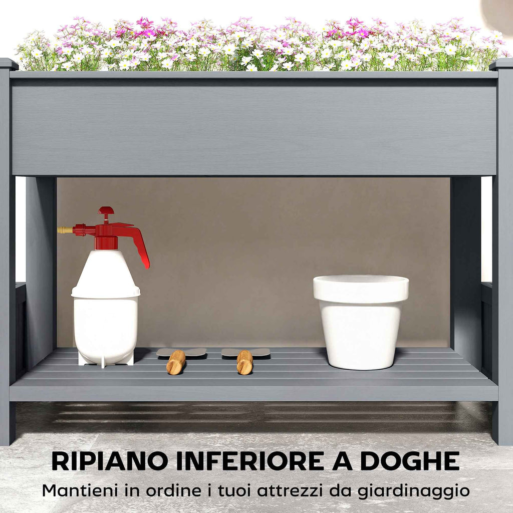 Outsunny Raised Planter with 2 Side Pots and Tool Shelf, in Fir Wood, 149x46x76 cm, Grey