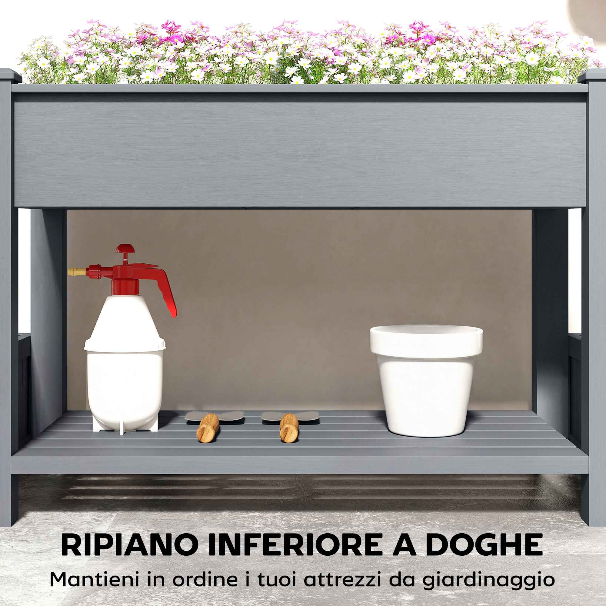 Outsunny Raised Planter with 2 Side Pots and Tool Shelf, in Fir Wood, 149x46x76 cm, Grey