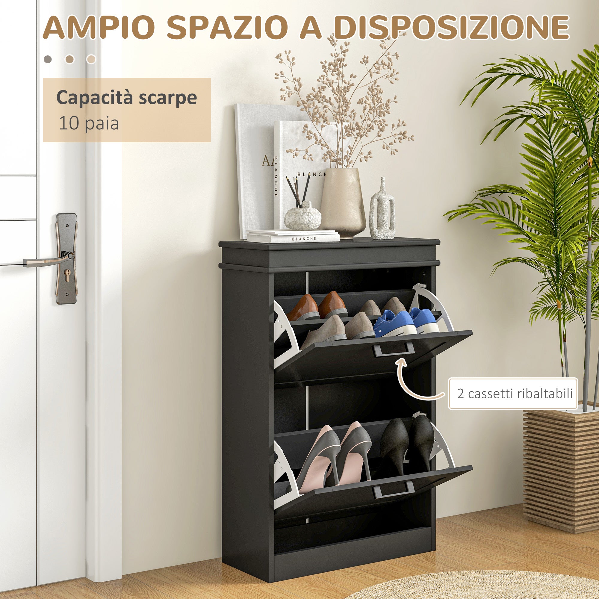 Modern Shoe Rack with 2 Tilting Drawers for 10 Pairs of Shoes and Adjustable Shelf, 54x24x82.5cm, Black