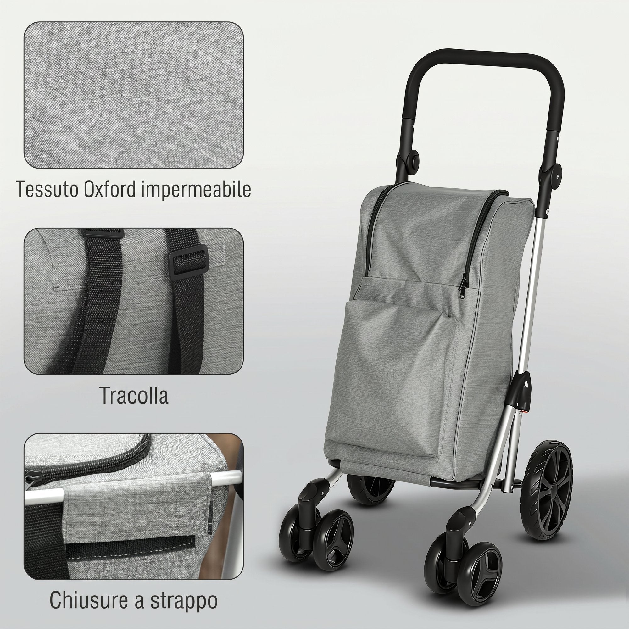 HOMCOM Folding Aluminum Shopping Cart with Wheels, 46L Bag, Refrigerated Compartment, Adjustable Handle, Gray