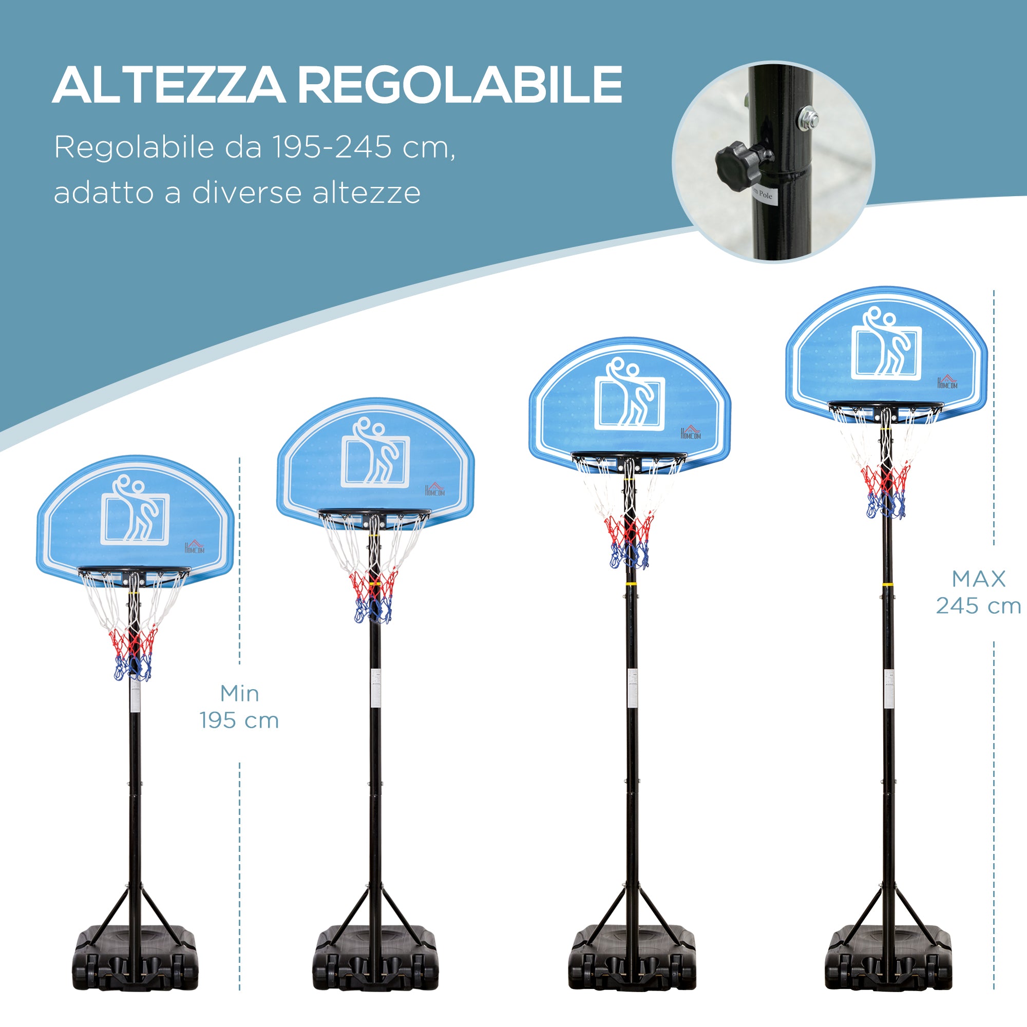 Height-Adjustable Basketball Hoop (197.5-245cm), Wheeled Base and Backboard, Blue