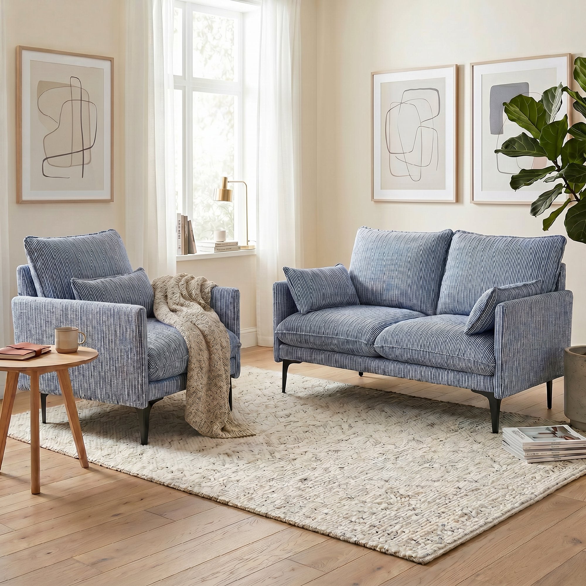 HOMCOM Upholstered Linen-Effect Fabric Lounge Chair with Armrests, Lumbar Cushion and Wide Seat, Blue
