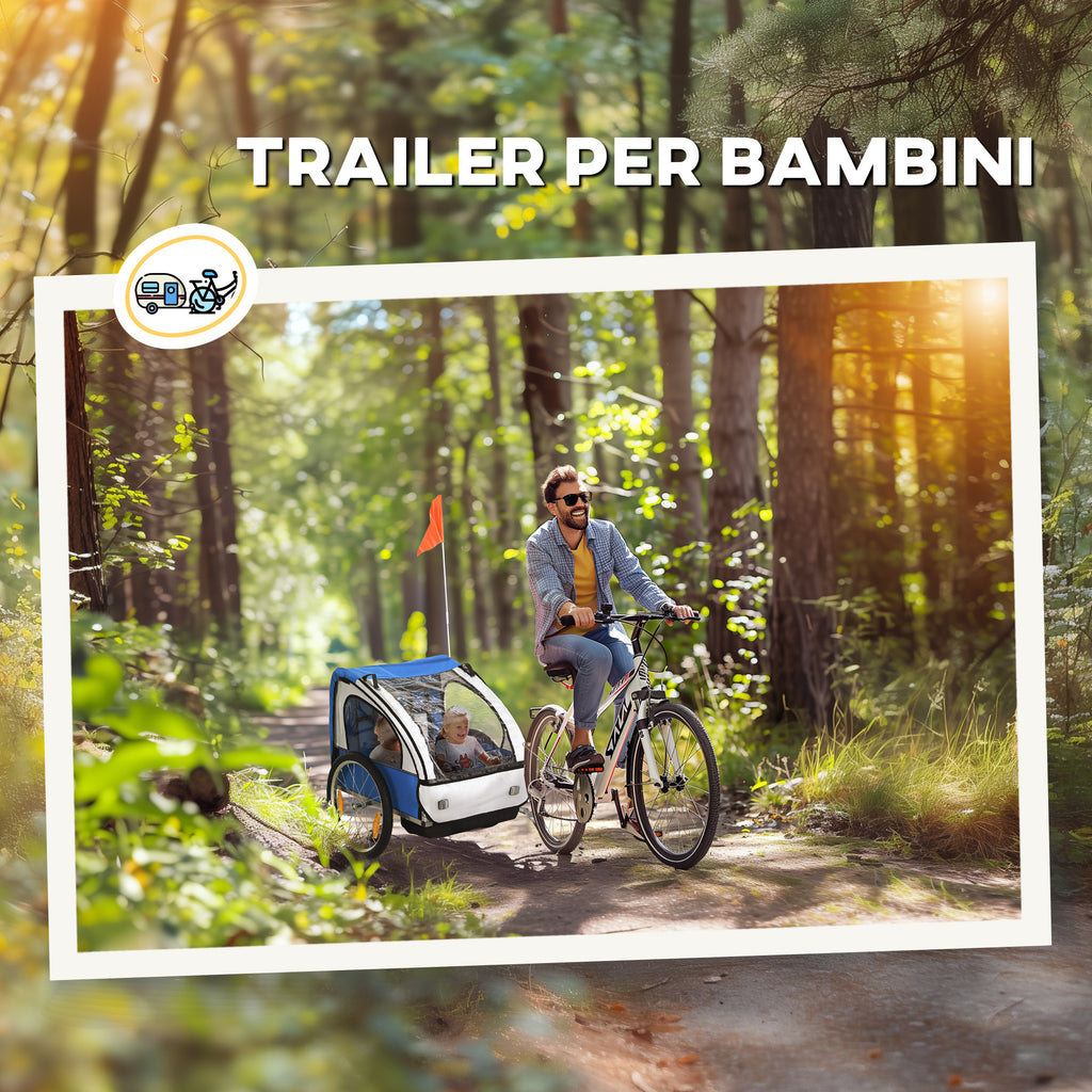 Kids Bike Trailer with 2 Seats, 2 Safety Belts, Steel Frame and Oxford Fabric Cover, Blue