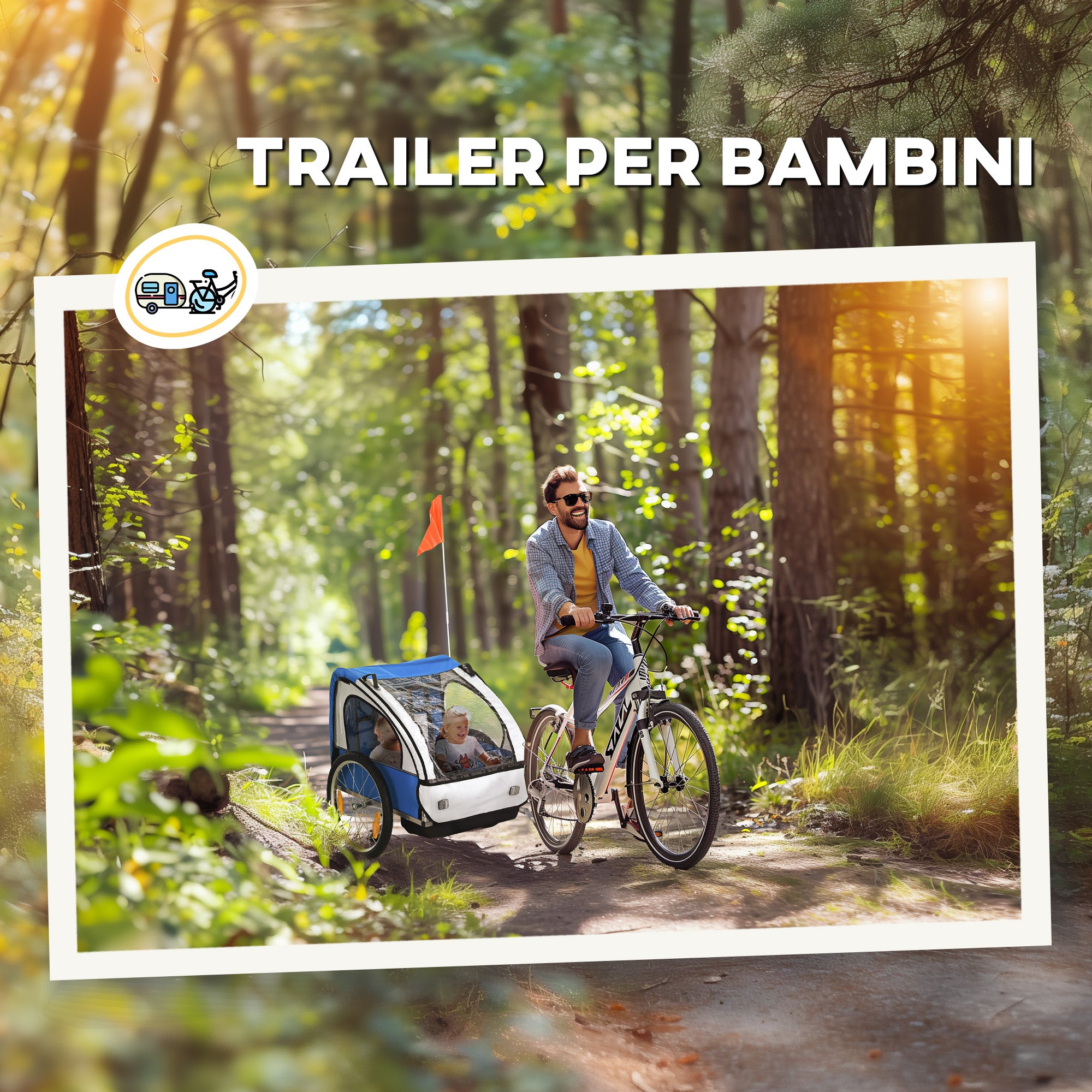 Kids Bike Trailer with 2 Seats, 2 Safety Belts, Steel Frame and Oxford Fabric Cover, Blue