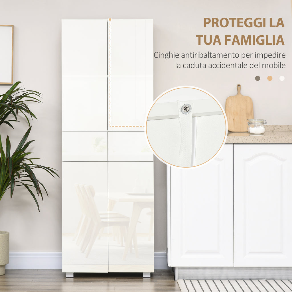 Kitchen Pantry with 4 Doors, 3 Adjustable Shelves and 5-Tier Shelves in MDF and Chipboard, 60x35x170 cm, White