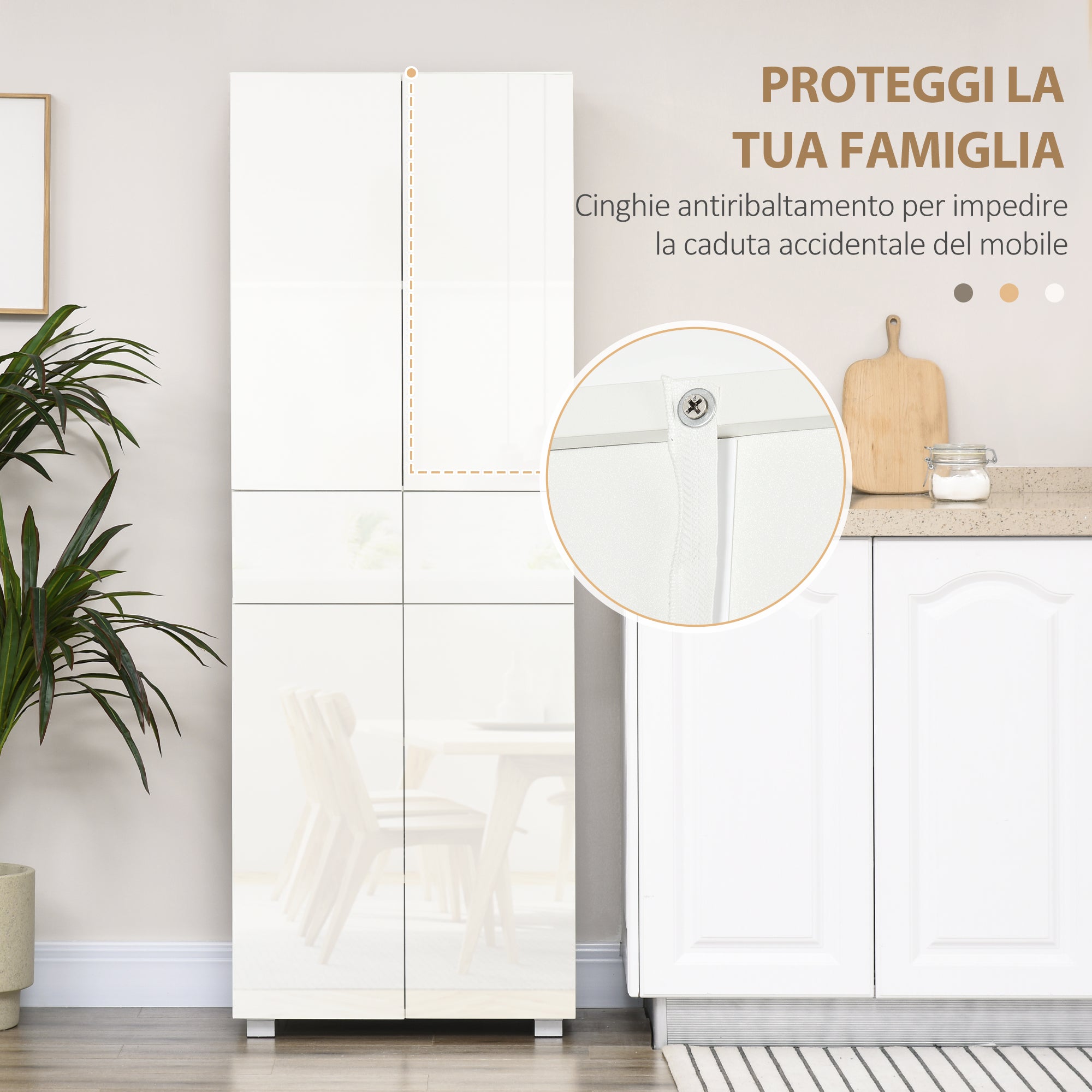 Kitchen Pantry with 4 Doors, 3 Adjustable Shelves and 5-Tier Shelves in MDF and Chipboard, 60x35x170 cm, White