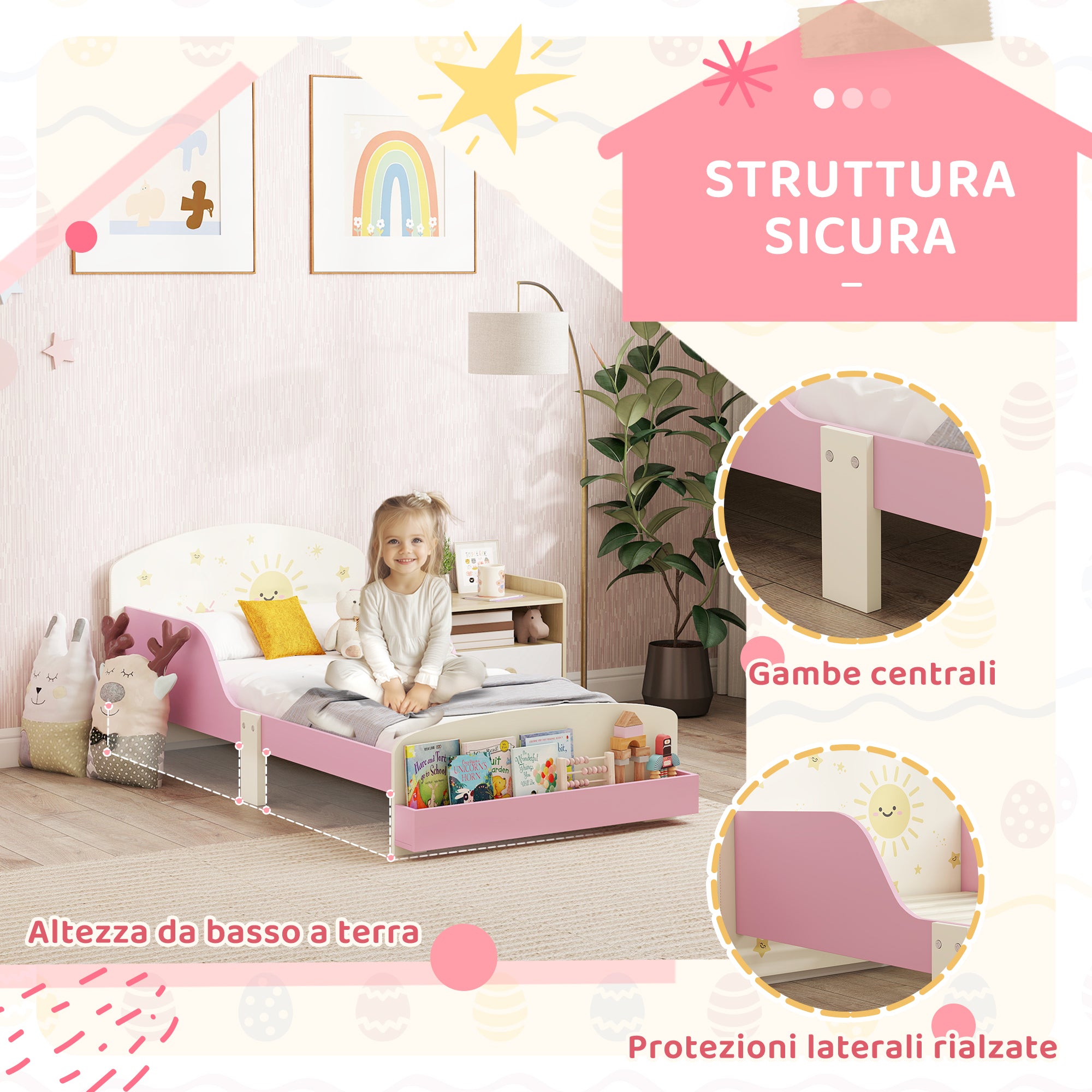 Children's Bed for 3-8 Years Old, Low, Wooden, with Storage Space and Side Rails, 150x77x60 cm, Pink