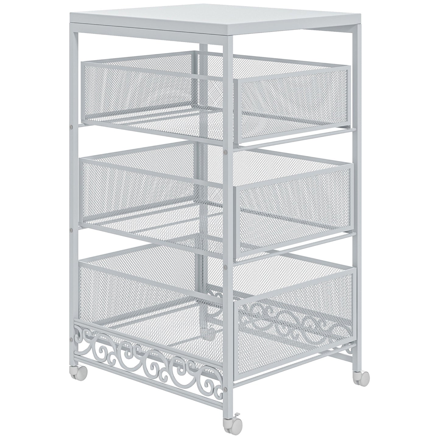 3-Tier Storage Trolley in Chipboard and Steel, 34x29.5x57.5 cm, White