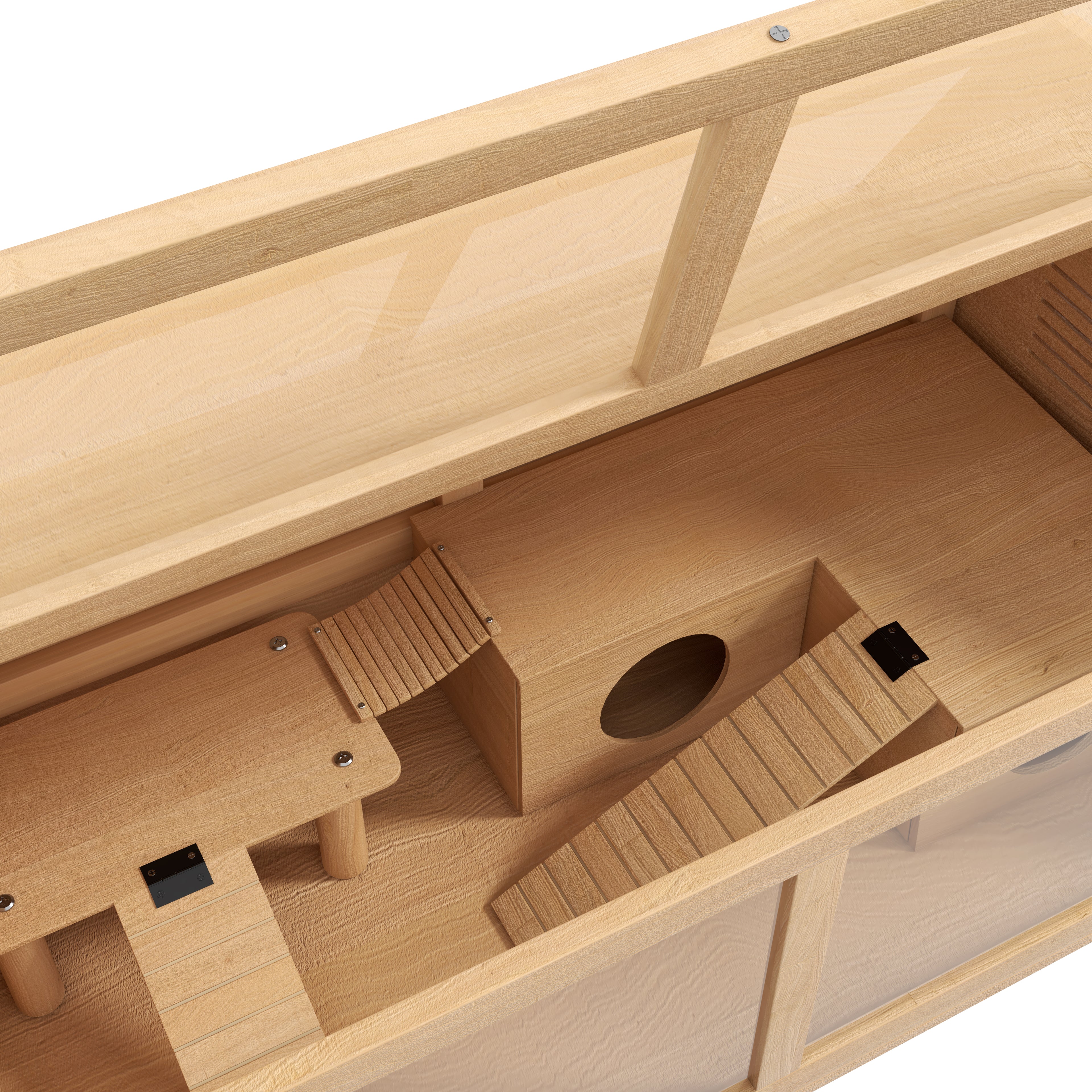 Hamster Cage with Platform, Ladders, Hut and Bridge, in Fir Wood, 85x45x44 cm - Borgè