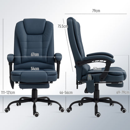 Office Armchair with 7 Massage Points and Footrest, in PU Leather and Steel, 67x67x111-121 cm, Blue